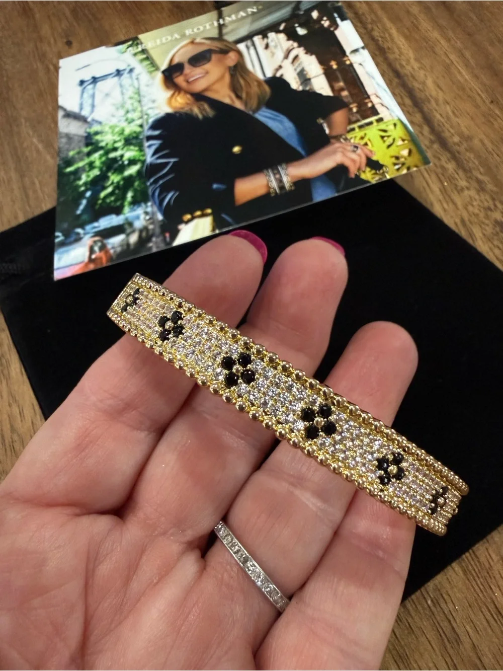 Freida Rothman Gold and Black Pave Crystal Flower Bracelet